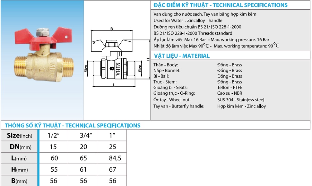Van bi ren ngoài tay bướm Miha 10 Cataloge van bi MIHA ren ngoài tay bướm hợp kim kẽm