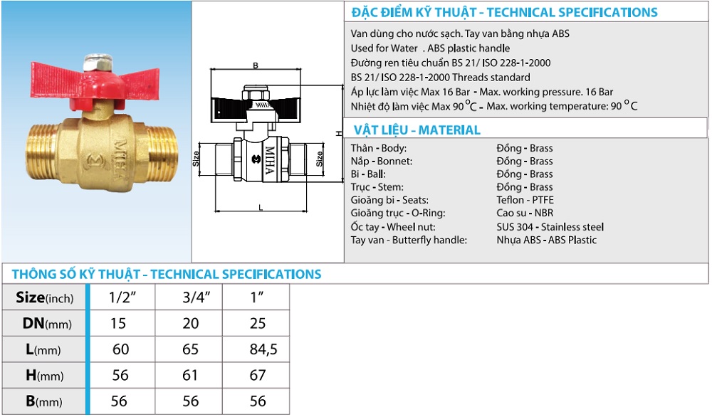 Van bi ren ngoài tay bướm Miha 9 Van bi MIHA ren ngoài tay bướm nhựa ABS