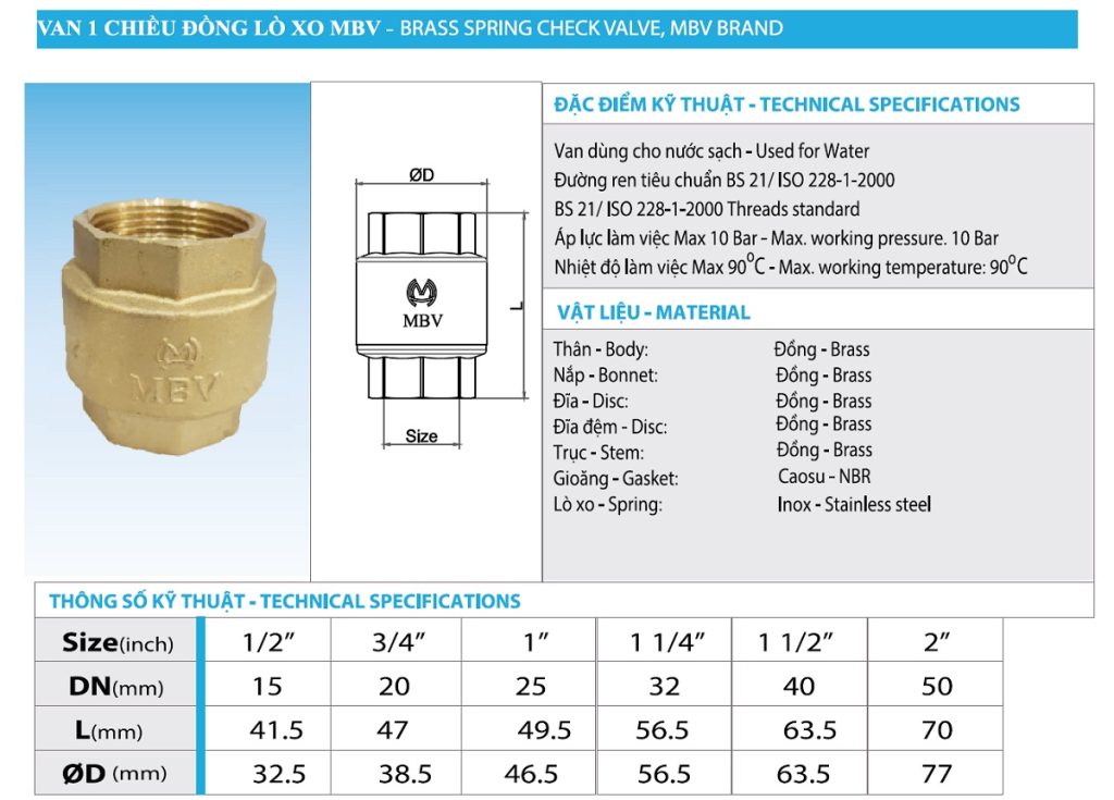 catalogue van 1 chiều lò xo MBV
