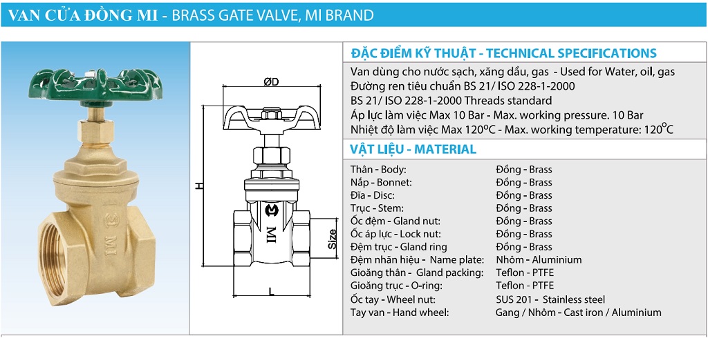Thông số van cửa đồng MI PN10 – DN100