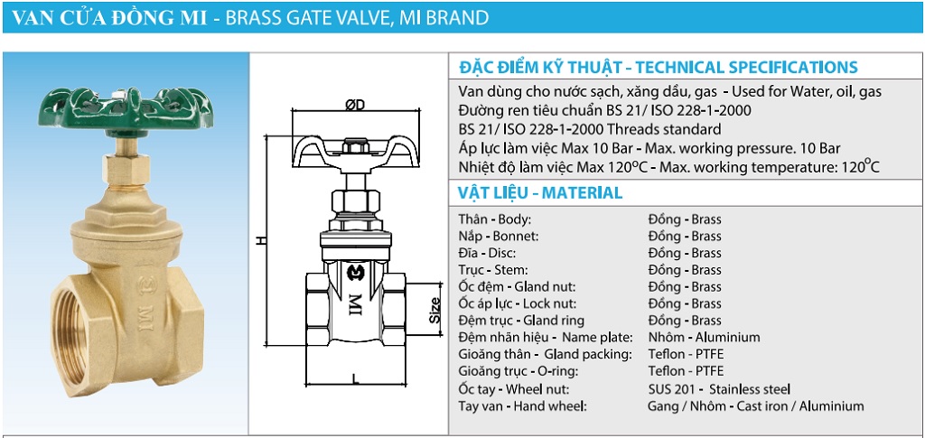 Thông số van cửa đồng MI PN10 – DN80