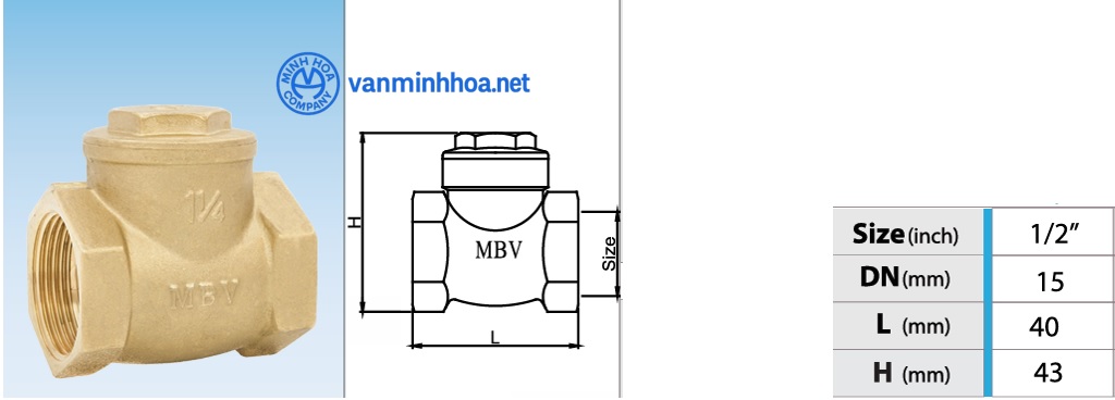 Cấu tạo van 1 chiều đồng lá lật MBV PN10 - DN15 Phi21