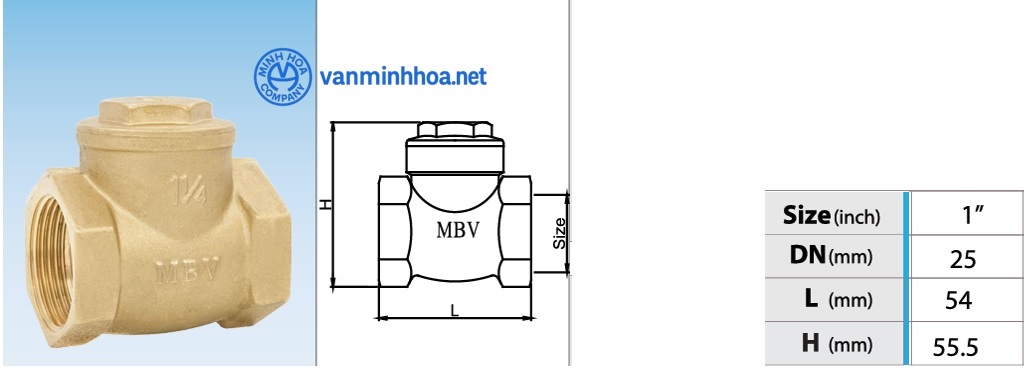 Cấu tạo van 1 chiều đồng lá lật MBV PN10 - DN25 Phi 34