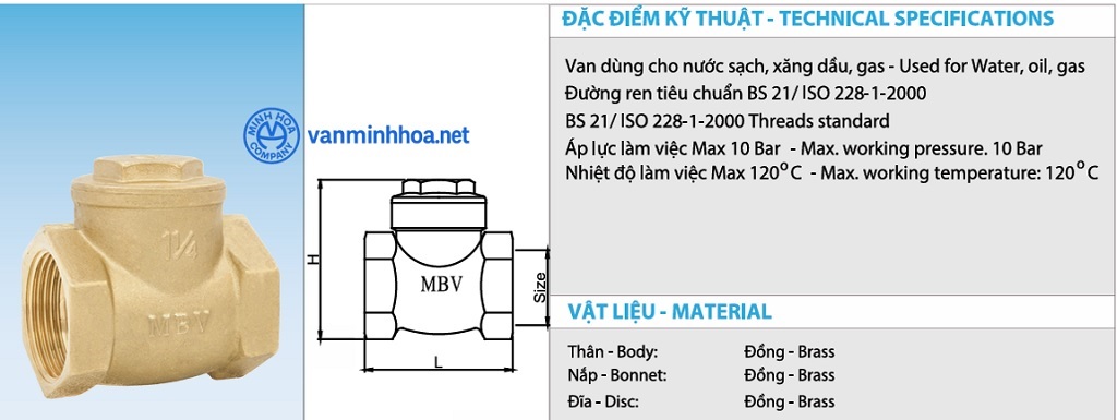 Thông số van 1 chiều đồng lá lật MBV PN10 - DN40 Phi 49