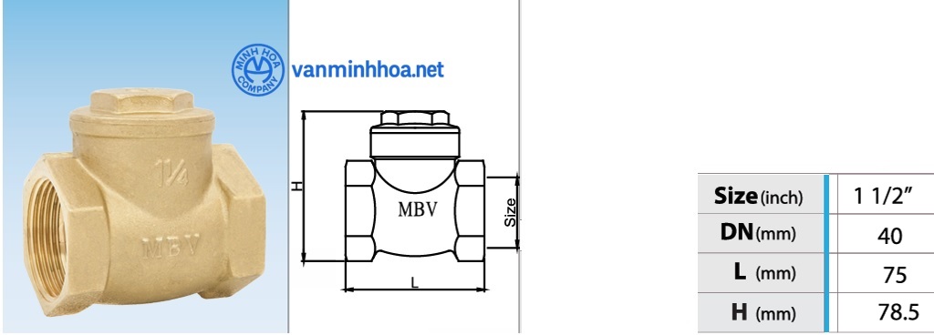 Cấu tạo van 1 chiều đồng lá lật MBV PN10 - DN40 Phi 49