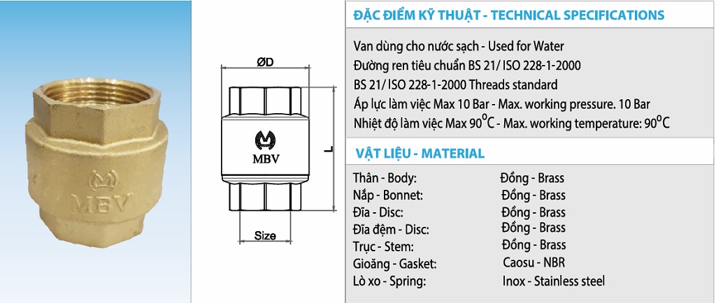 Thông số kỹ thuật van 1 chiều đồng lò xo MBV PN10 - DN15