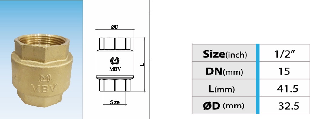 Cấu tạo van 1 chiều đồng lò xo MBV PN10 - DN15