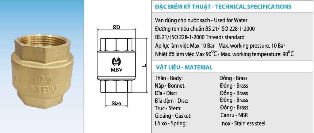 Thông số kỹ thuật van 1 chiều đồng lò xo MBV PN10 - DN20