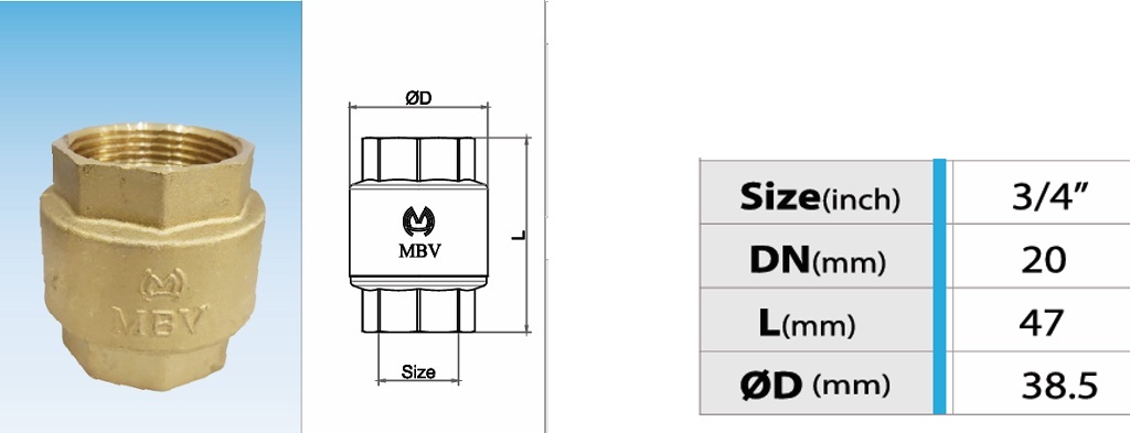Cấu tạo van 1 chiều đồng lò xo MBV PN10 - DN20