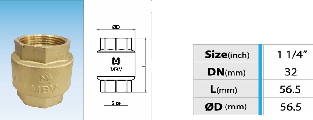 Cấu tạo van 1 chiều đồng lò xo MBV PN10 - DN32