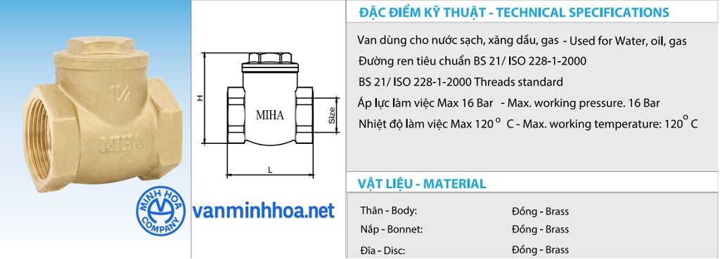 Thông số van 1 chiều đồng lá lật Miha PN16 - DN15 Phi 21