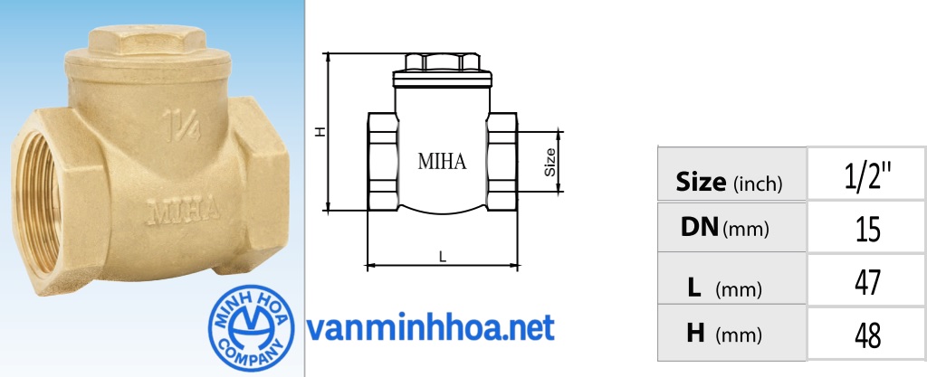 Cấu tạo van 1 chiều đồng lá lật Miha PN16 - DN15 Phi 21