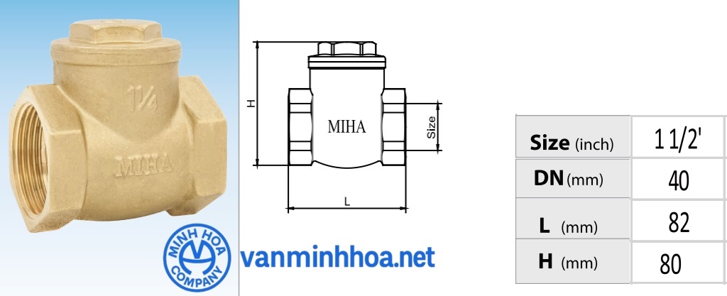 Cấu tạo van 1 chiều đồng lá lật Miha PN16 - DN40 Phi 49