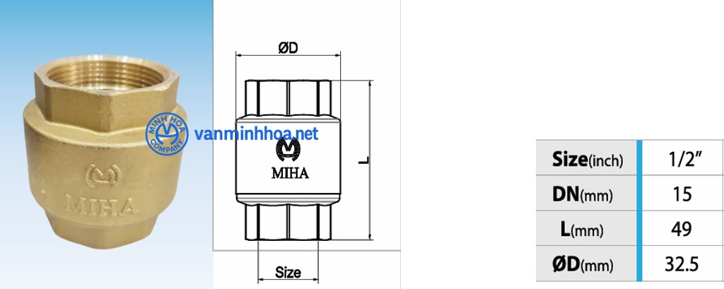 Cấu tạo van 1 chiều lò xo đồng Miha PN16 - DN15 Phi 21