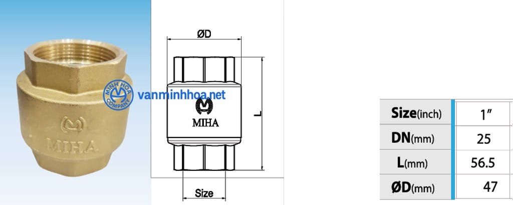 Cấu tạo van 1 chiều lò xo đồng Miha PN16 - DN25 Phi 34
