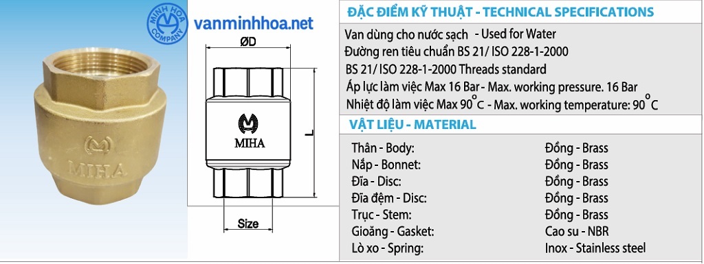 Thông số van 1 chiều lò xo đồng Miha PN16 - DN40 Phi 49