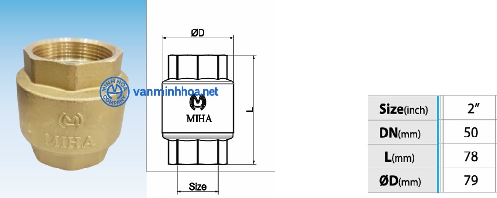 Cấu tạo van 1 chiều lò xo đồng Miha PN16 - DN50 Phi 60