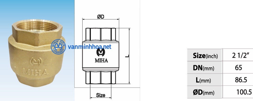 Cấu tạo van 1 chiều lò xo đồng Miha PN16 - DN65 Phi 76