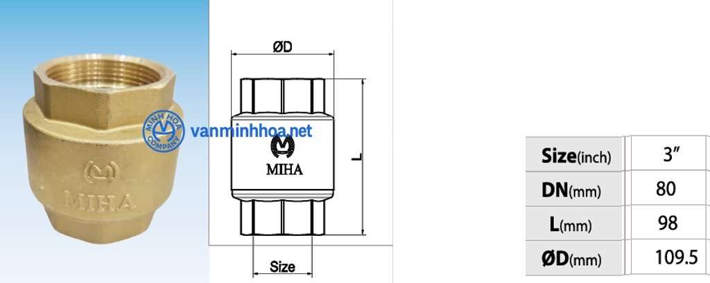 Cấu tạo van 1 chiều lò xo đồng Miha PN16 - DN80 Phi 90