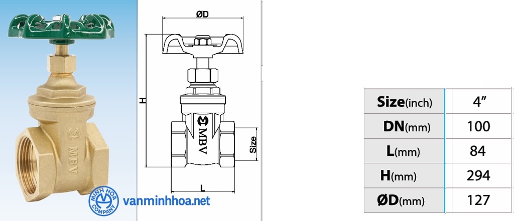 Cấu tạo van cửa đồng MBV PN10 - DN100 Phi 114