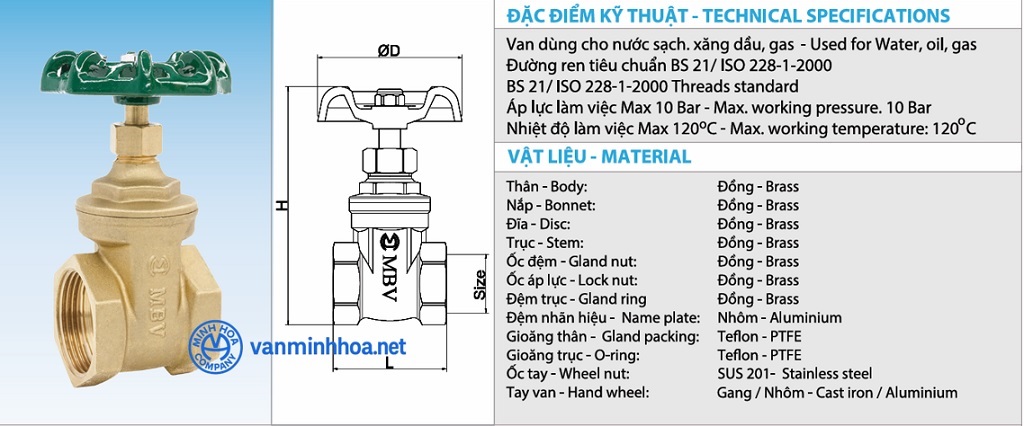 Thông số van cửa đồng MBV PN10 - DN80 Phi 90
