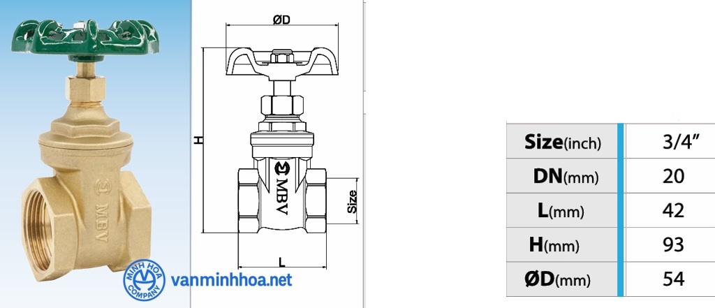 Cấu tạo van cửa đồng MBV PN10 - DN15 Phi 21
