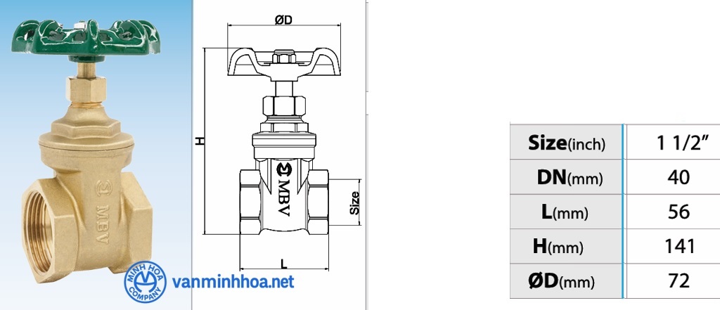Cấu tạo van cửa đồng MBV PN10 - DN40 Phi 49