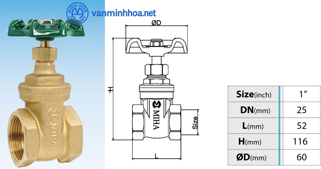 Cấu tạo van cửa đồng MIHA - Phi 34