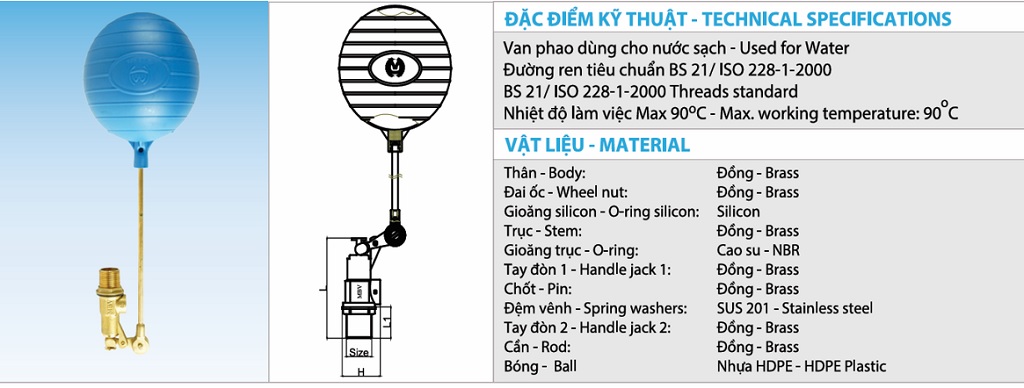 Thông số kỹ thuật van phao đồng MBV - DN15 Phi 21