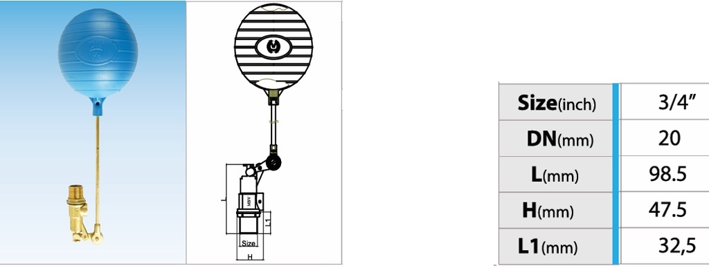 Cấu tạo van phao đồng MBV - DN20 Phi 27