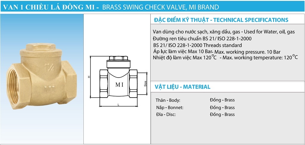 Thông số kỹ thuật van 1 chiều đồng lá lật MI PN10 - DN20 Phi27