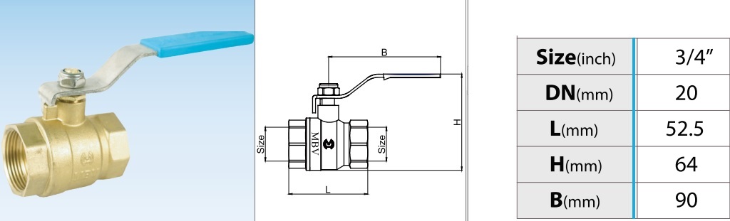 Cấu tạo van bi đồng tay gạt MBV - DN25 Phi34