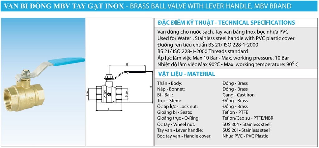 Thông số kỹ thuật van bi đồng tay gạt MBV - DN32 Phi42