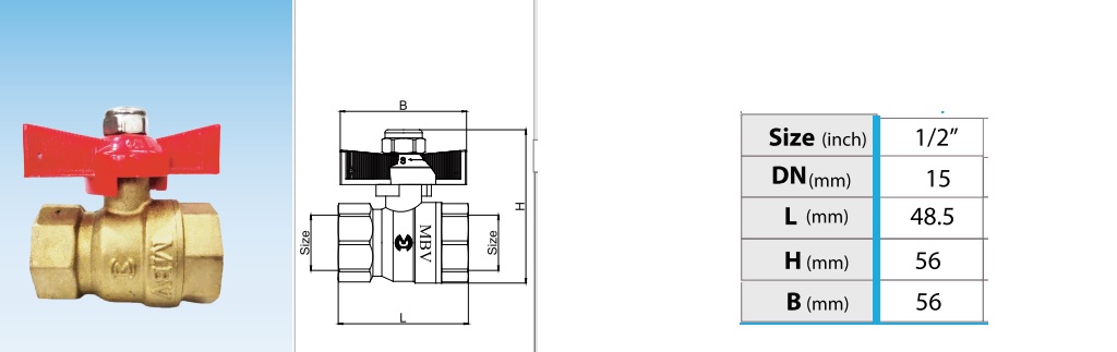 Thông số kỹ thuật van bi đồng tay bướm MBV - DN15 Phi21