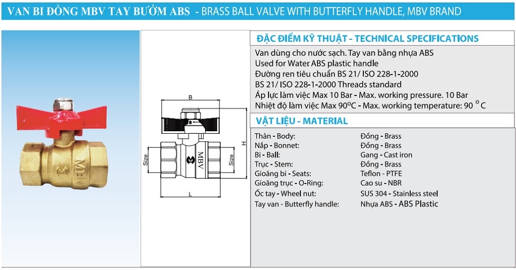 Thông số kỹ thuật an bi đồng tay bướm MBV - DN20 Phi27
