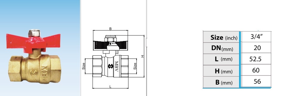 Cấu tạo van bi đồng tay bướm MBV - DN20 Phi27