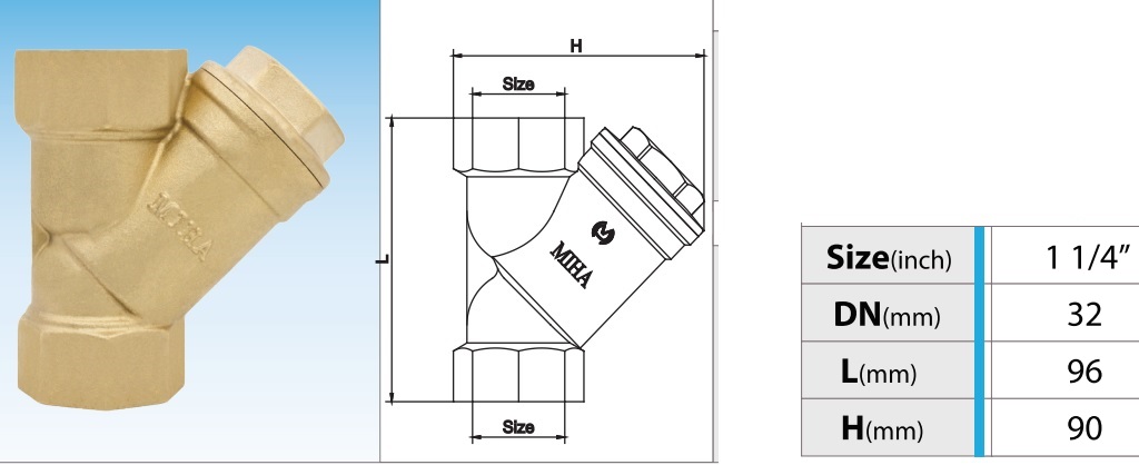 Cấu tạo Y lọc đồng Miha PN 16- DN32 Phi 42
