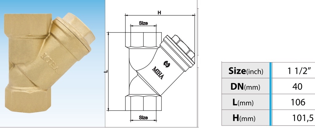 Cấu tạo Y lọc đồng Miha PN 16- DN40 Phi 49