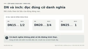 sơ đồ đối chiếu cỡ danh nghĩa dn15, dn20, dn25 với 1/2, 3/4, 1 inch ở dòng van bi đồng miha pn16.