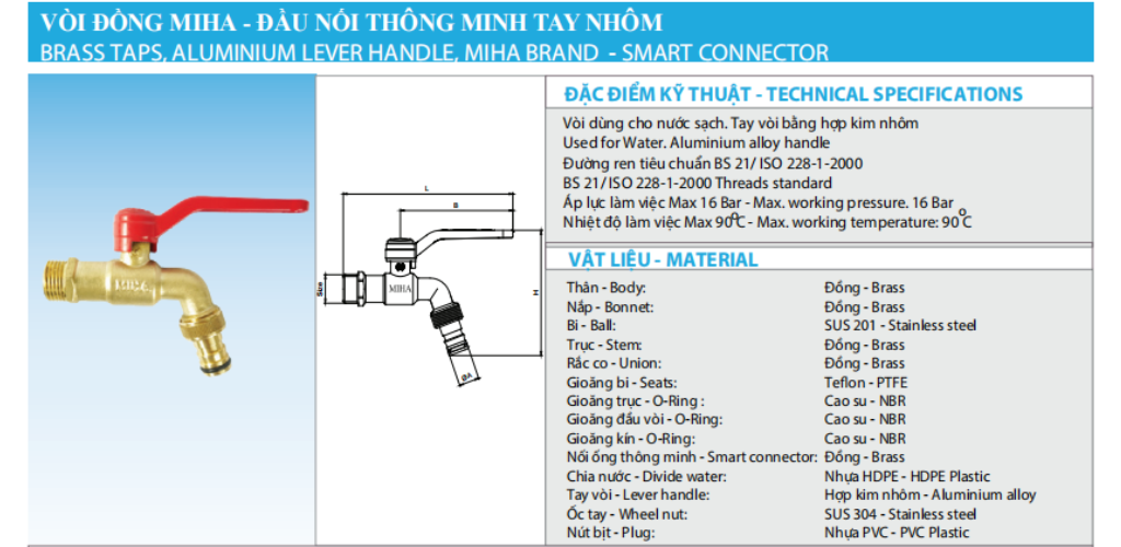 VÒI VƯỜN ĐỒNG TAY NHÔM MIHA - PN16 3 vòi vườn đồng tay nhôm miha – pn16
