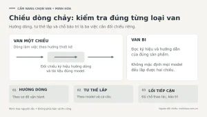 sơ đồ kiểm tra hướng dòng qua van một chiều và ba mục cần xác nhận: hướng dòng, tư thế lắp và không gian tiếp cận.
